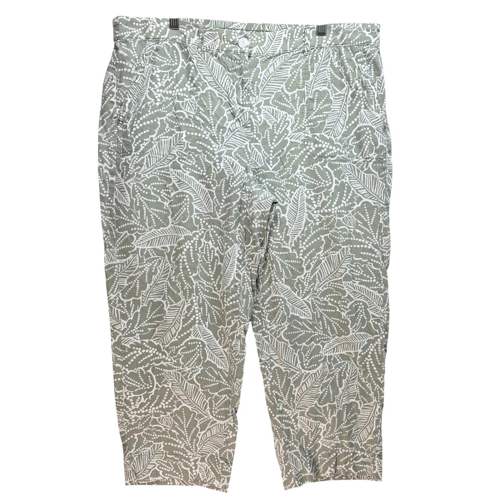 Talbots Linen Blend Cropped Pants 14W Tropical Leaf Green White Beach Resortwear
